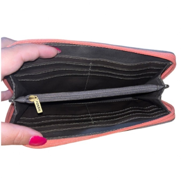 Fossil Owl Print Peach Zip Around Closure, Long Wallet with Keyring, Gray Trim - Picture 2 of 11